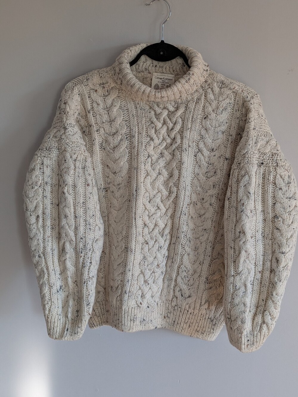 Vintage Cottage Knitwear Wool Aran Sweater Medium Off White Cream Tweed Cable